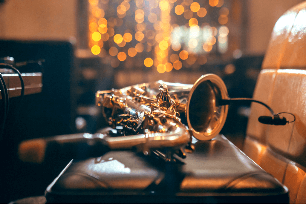 A saxophone on a table at a jazz cafe.