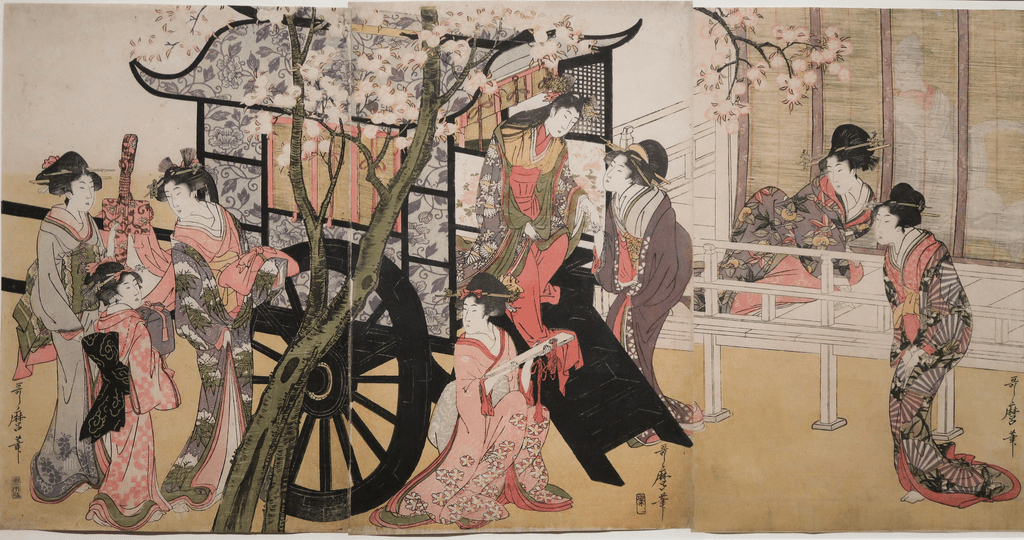 An ukiyo-e cherry blossom drawing of Edo-era women admiring the flowers.