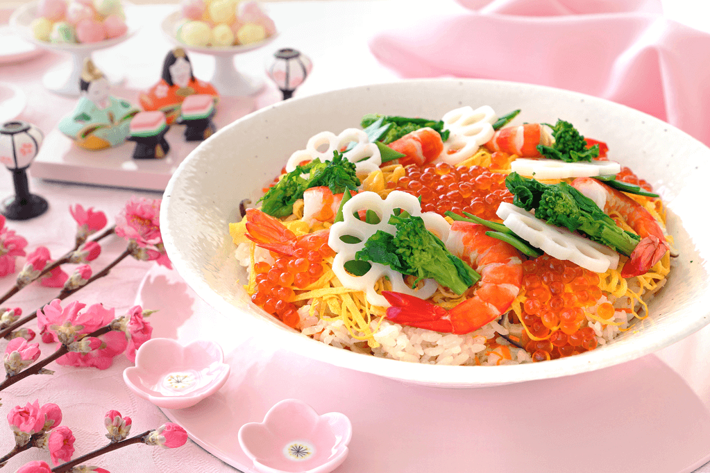A plate of hinamatsuri chirashizushi, which is a type of rice dish.