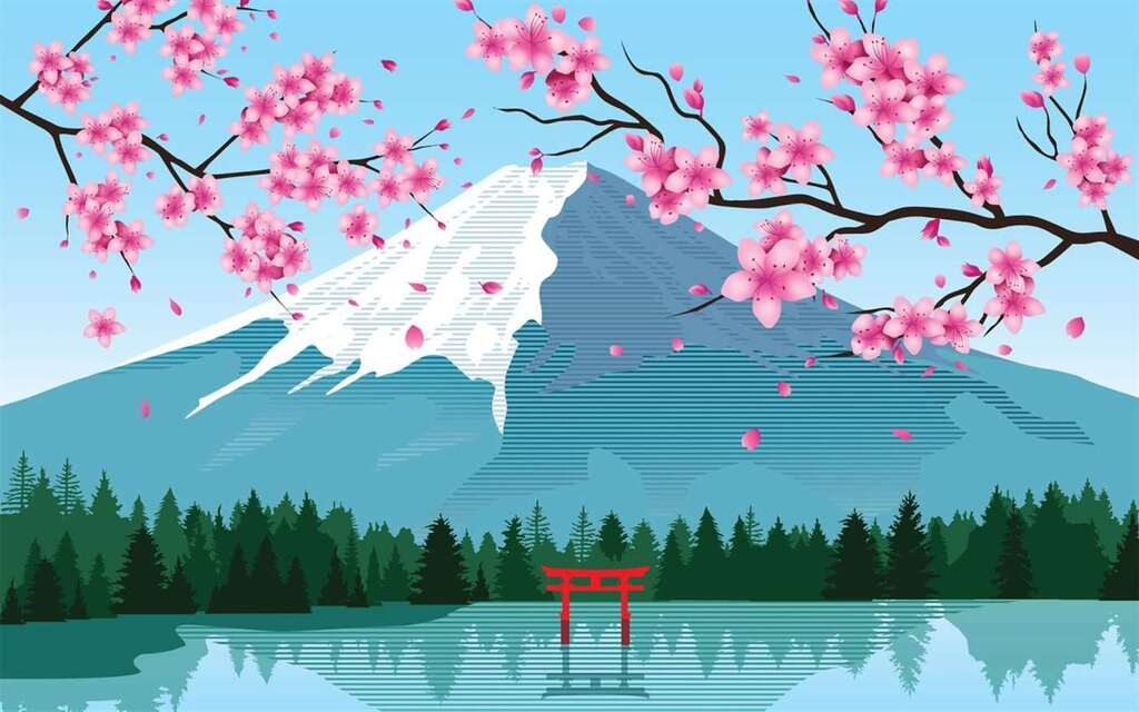 A digital picture of cherry blossoms with a mountain in the back.