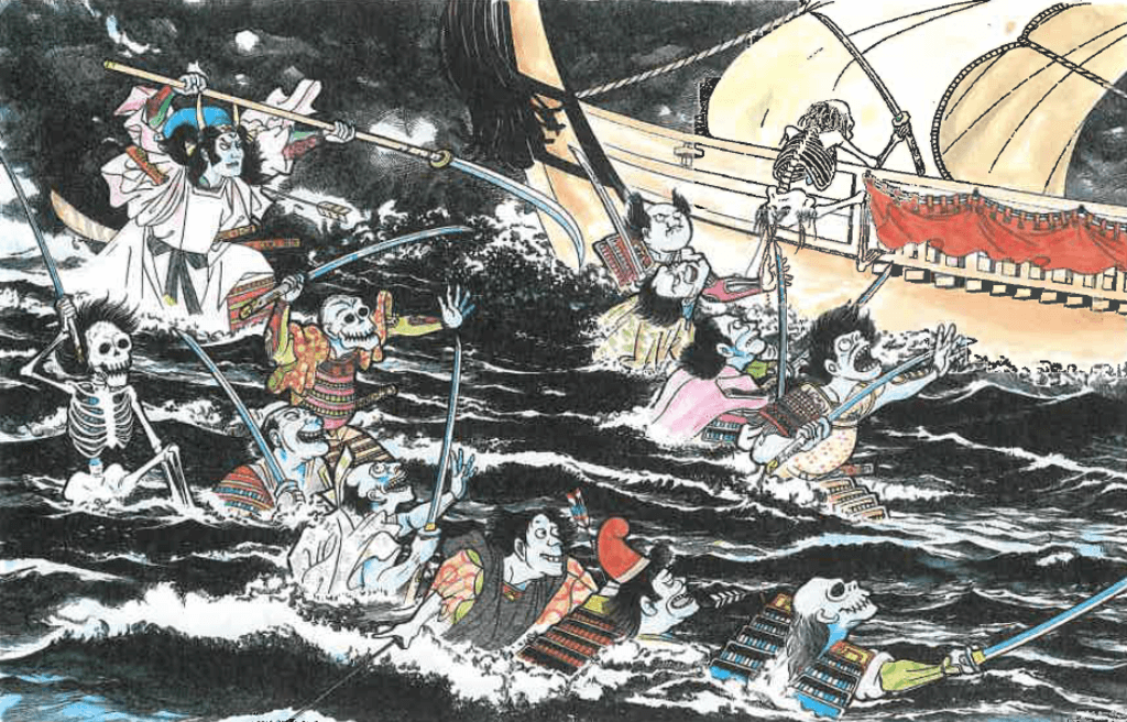 A painting of funayurei, or boat spirits. The painting is traditional and almost resembles a woodblock