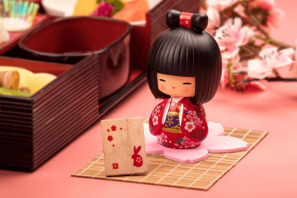 A kokeshi doll dressed in an elaborate kimono in celebration of Girls Day.