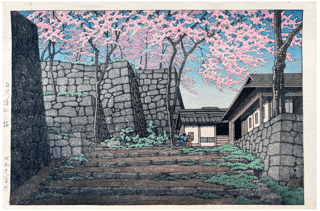 A cherry blossom drawing at a gray castle.