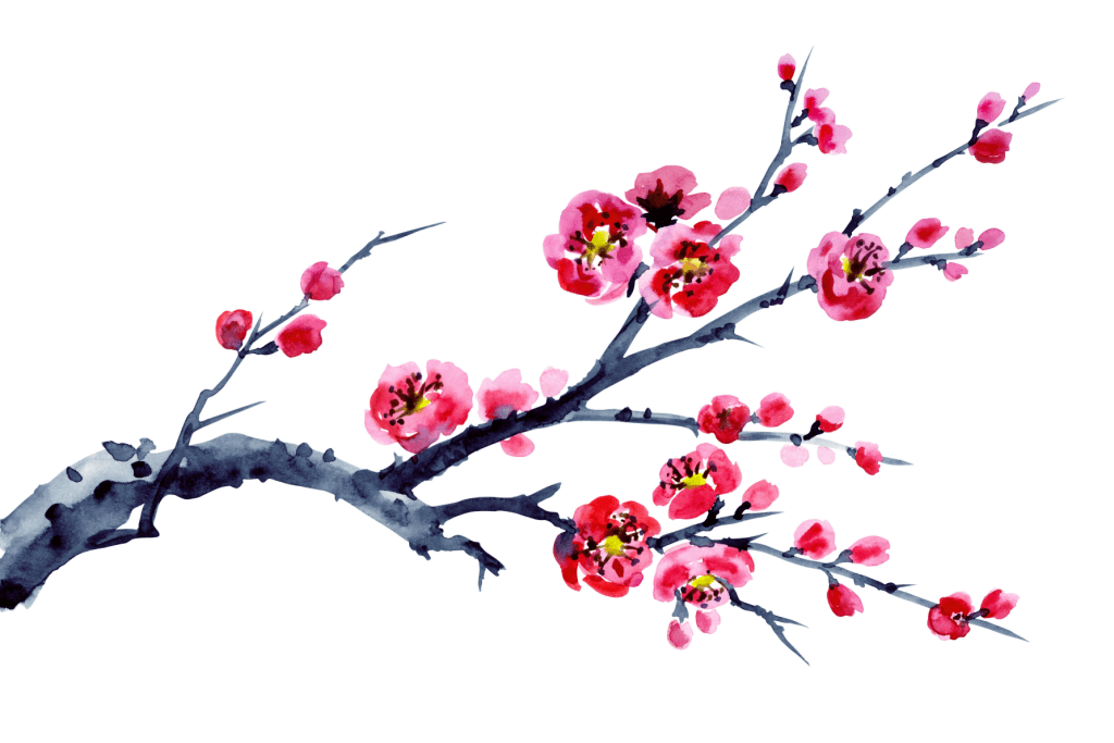 A painting of pink plum blossoms in the sumi-e style.