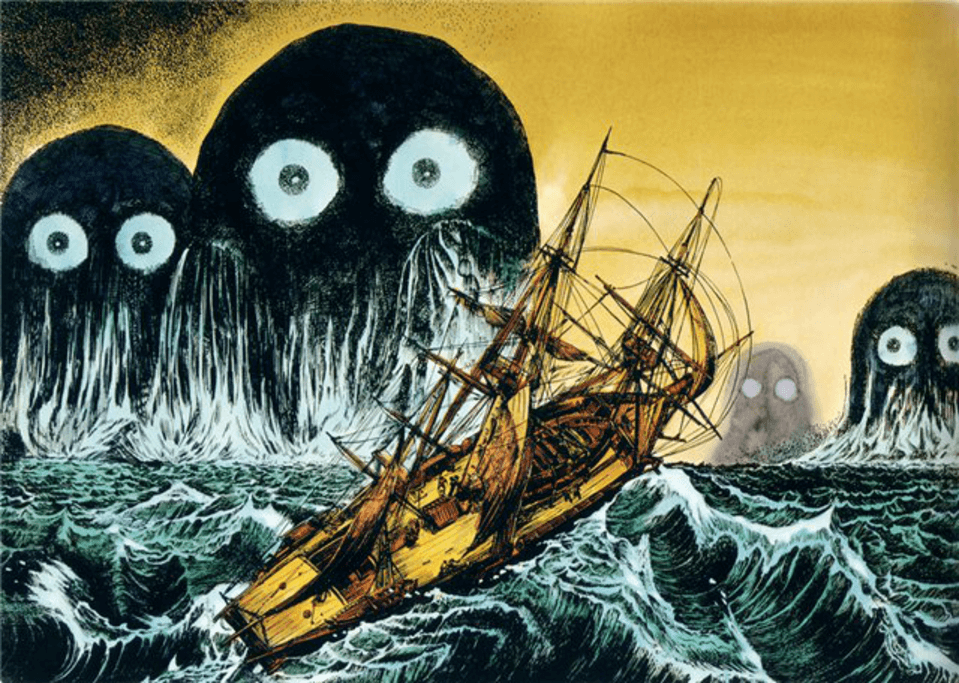 Painting of umibozu, who are dark water giants from the seep sea. They are mythical creatures of Japan.