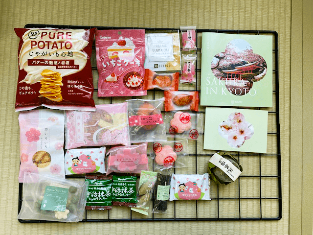 Bokksu's Sakura in Kyoto box contents laid out on a grid.