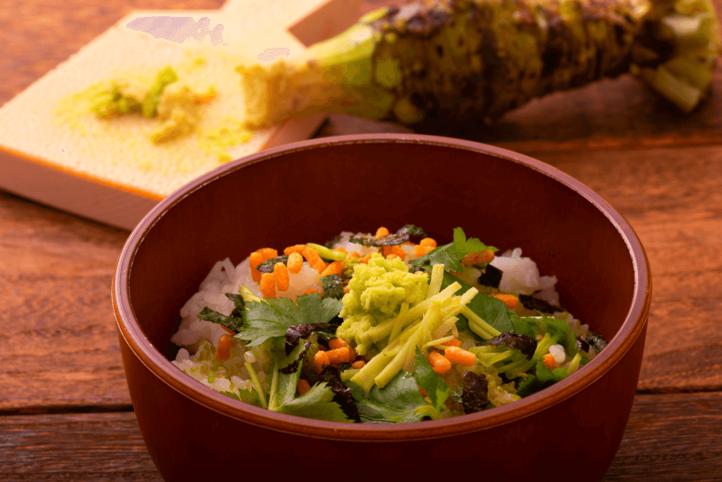 A bowl of food using hon wasabi.