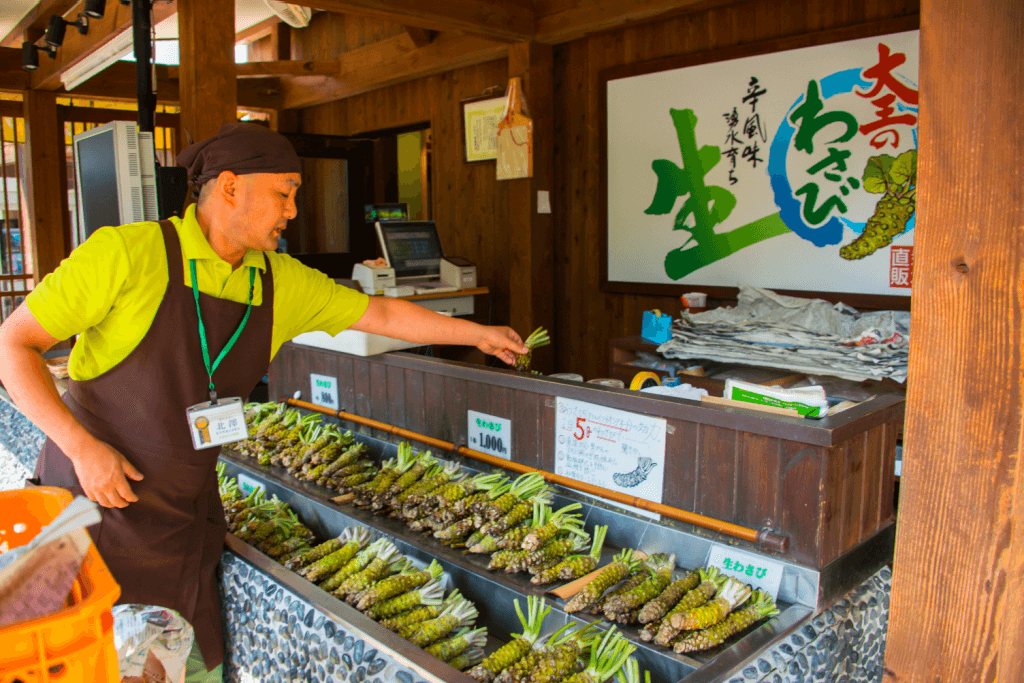 A Japanese wasabi vendor with genuine wasabi roots.