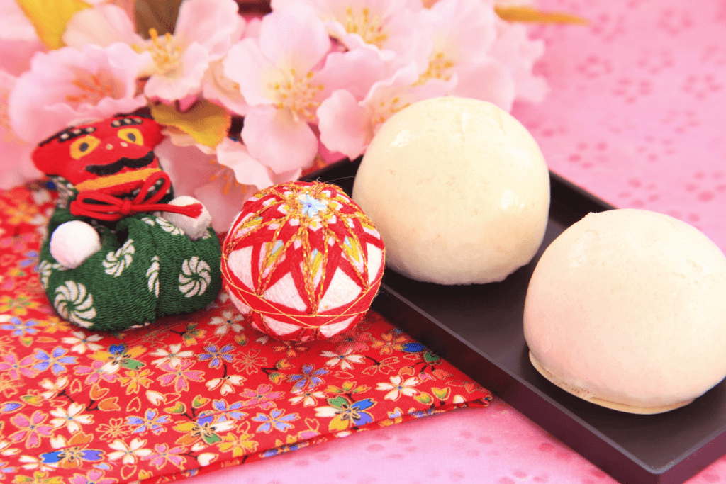 White balls of joyo manju, a type of traditional soft candy.