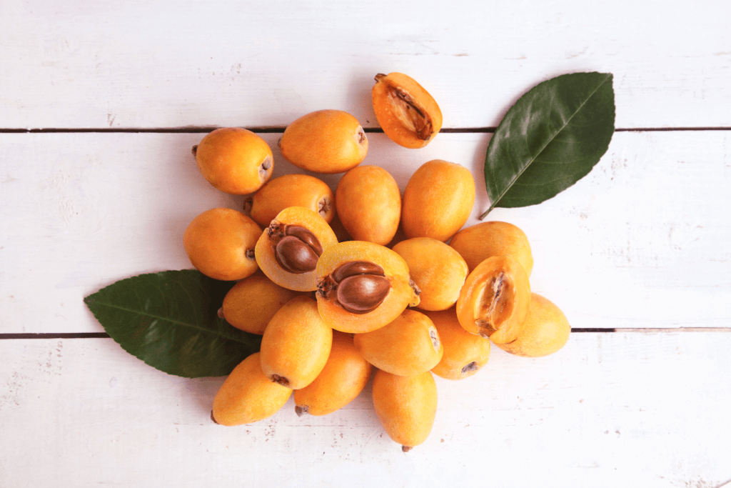 A bunch of loquats with large black seeds, orange flesh and green leaves. They are one of the lesser known fruits in Japanese spring.
