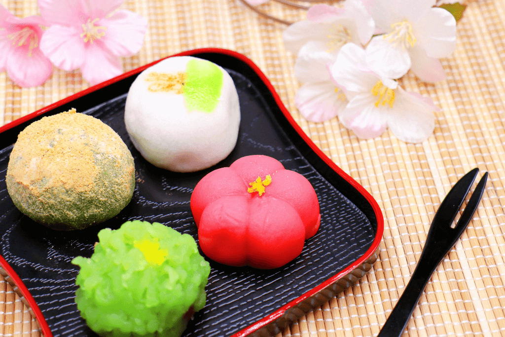 A plate of namagashi or traditional soft candy.