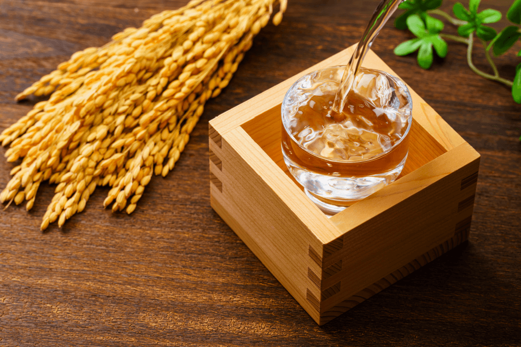 A sake box with rice wine inside.