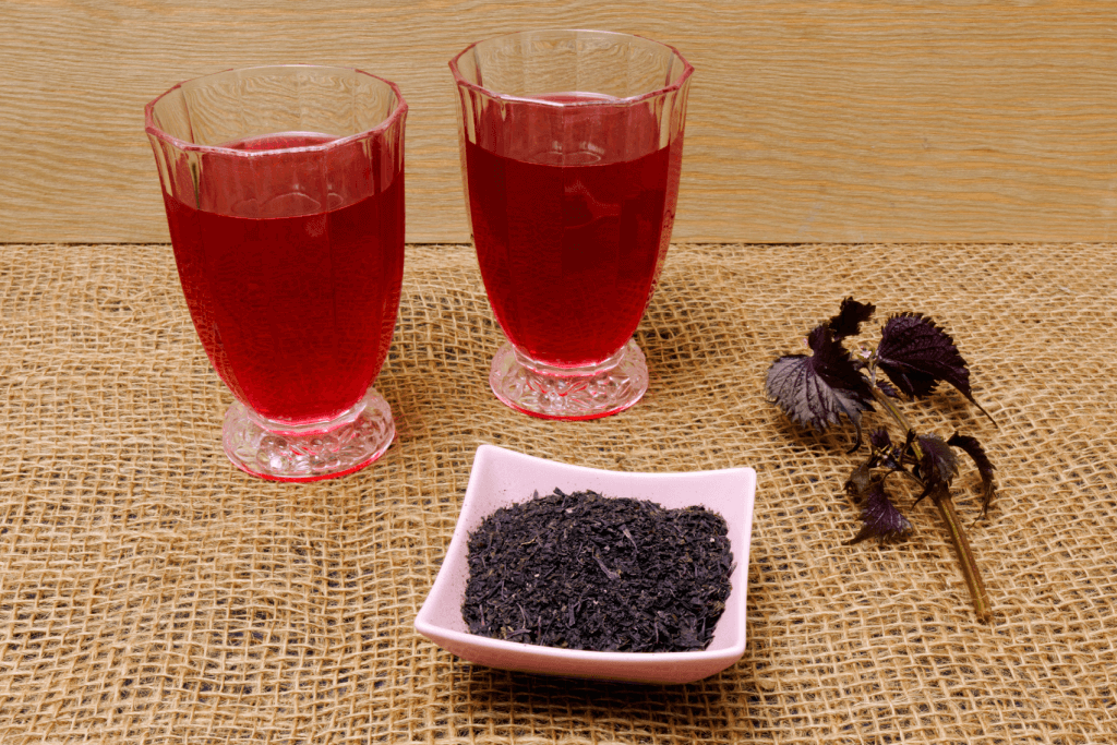 A plate of dried dark red shiso seasoning.