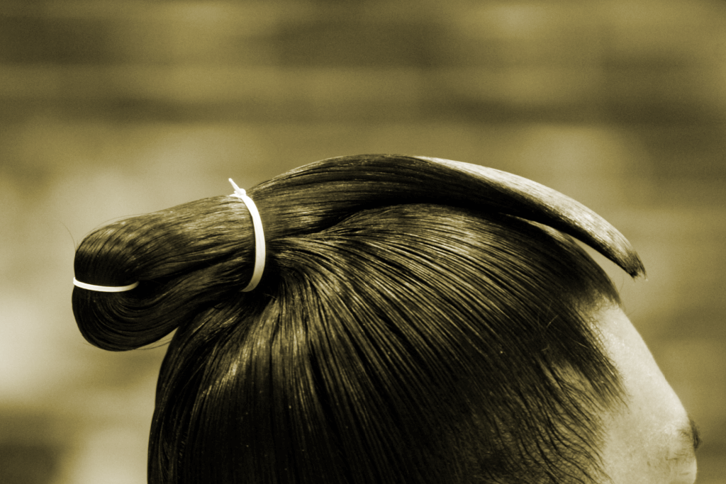 A sumo wrestler topknot in black and white.