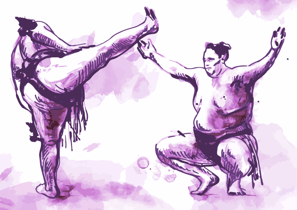Illustration of sumo wrestlers getting ready to have a bout.