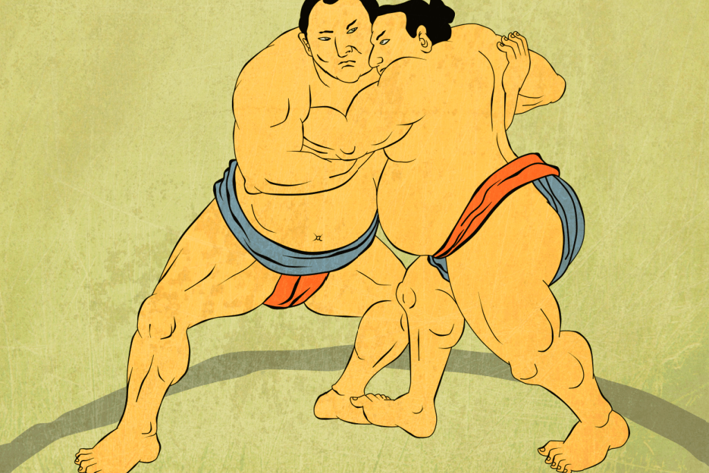 A painting to a pair of sumo wrestlers in a match.