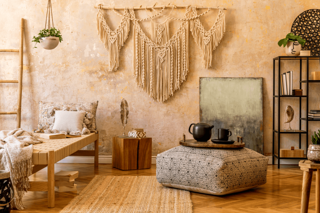 A beige bedroom with a lot of tapestry, based on the wabi sabi aesthetic.