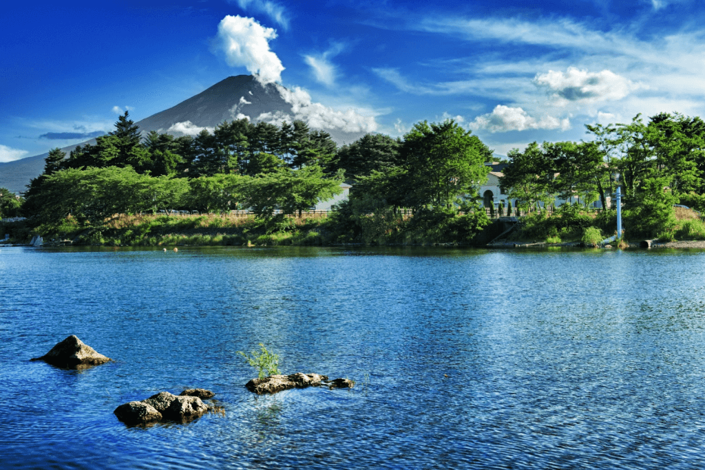 Mt Fuji near a lake during summer in Japan.