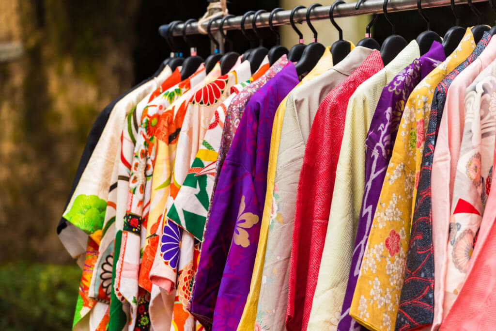 Sale of colorful kimono pattern on the city street in Kyoto, Japan