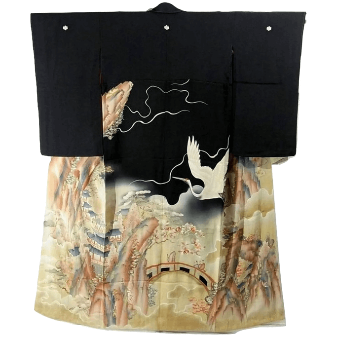 A black kimono with an elaborate beige pattern at the bottom.