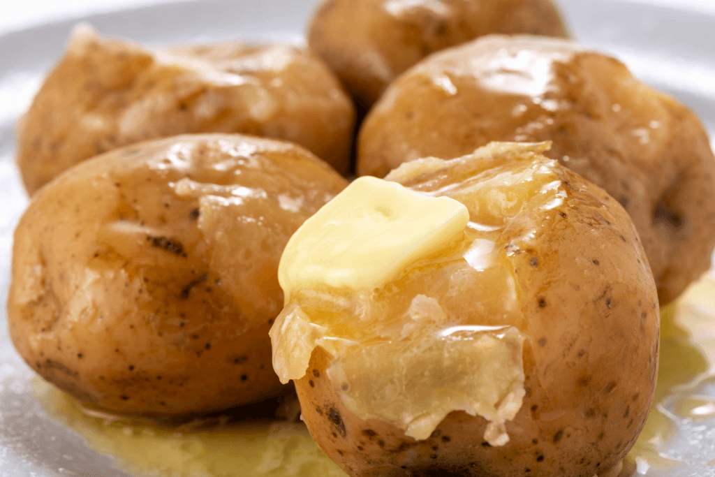 A plate of buttered Hokkaido potatoes.