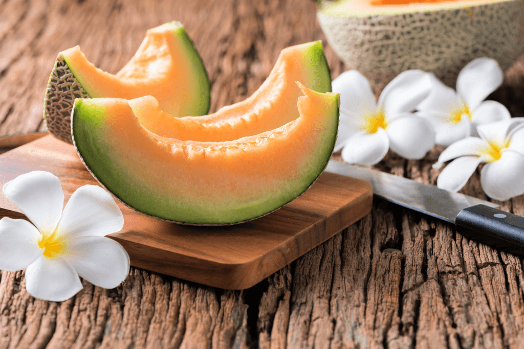 A sliced, ripe melon, one of many fruits in Japan.