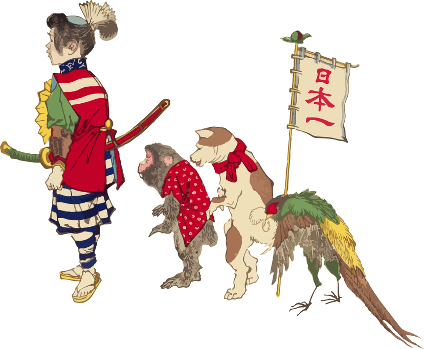 A painting of Momotaro with his monkey and dog allies.