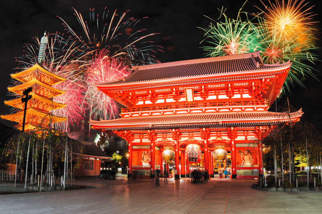 A bunch of big fireworks at a shrine in Asakusa.