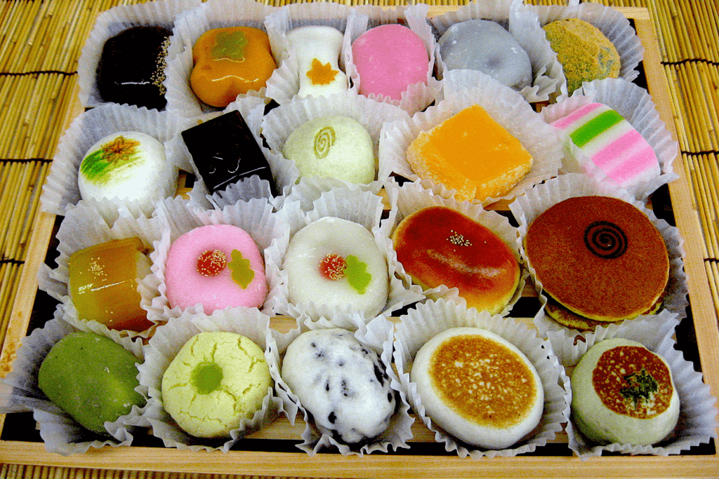 A tray of assorted mochi from Fugetsu-Do, a wagashi shop in Los Angeles.