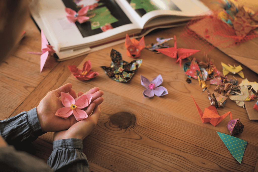 A bunch of paper cranes at home.