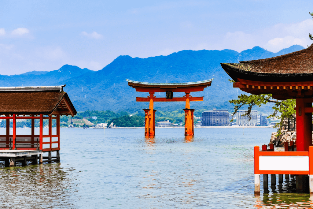 A shinto torii gate in the water near Hiroshima.