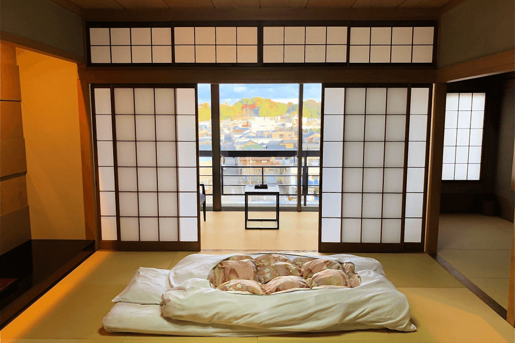 A whole futon mattress on a tatami mat.