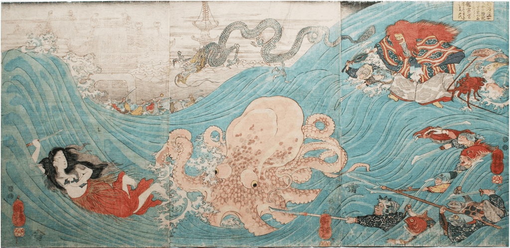 A Japanese woodblock print of an ama and swimming away from an octopus.