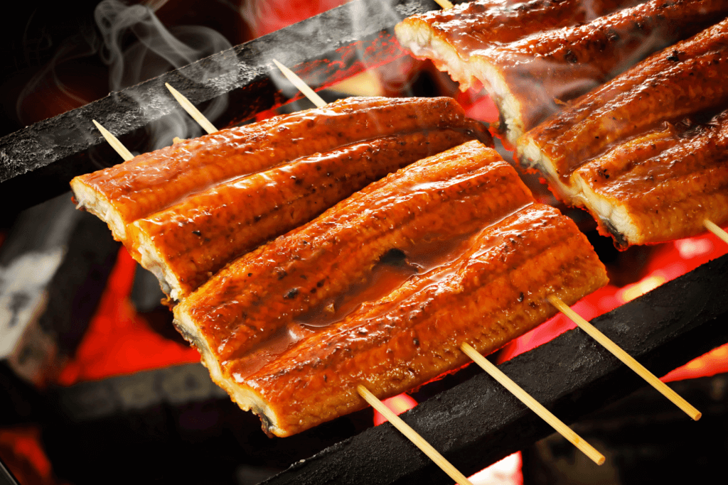 Grilled eel on a barbecue.