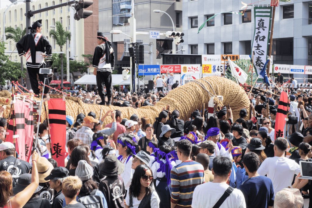 A large rope in the middle of the street during the Naha Great Tug of War.