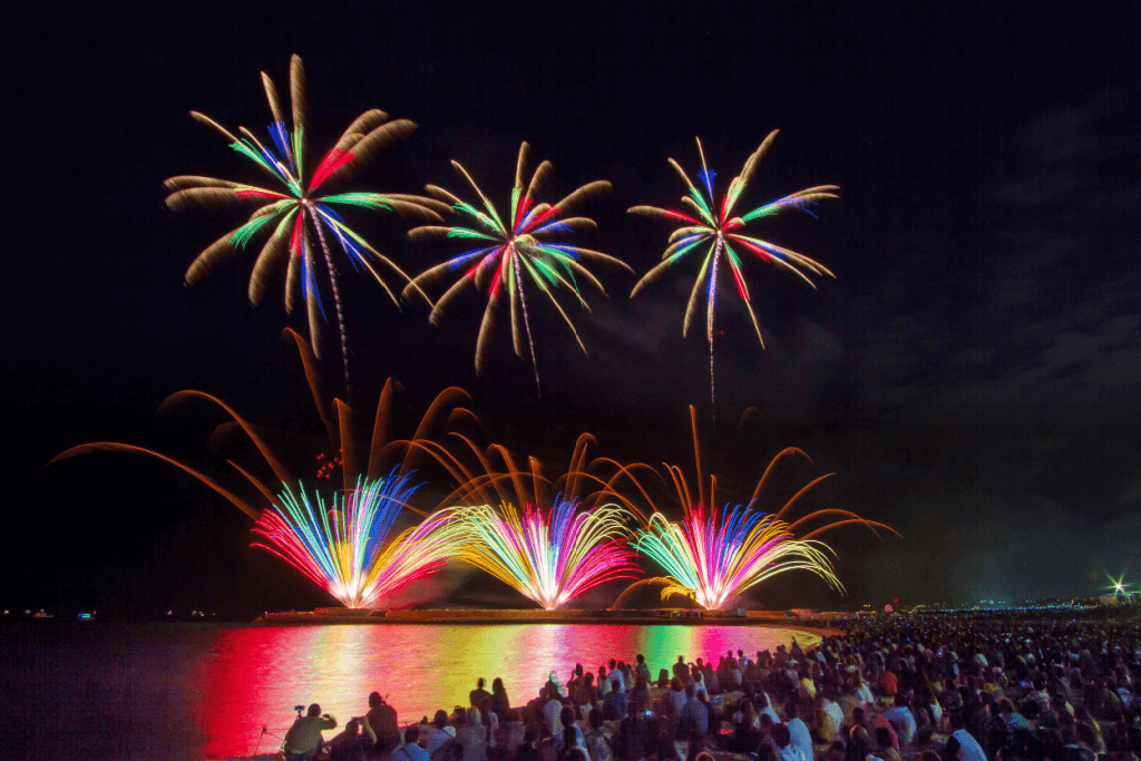 A fireworks event, the Ryukyu Kaisen Fireworks festival that features colorful starmine fireworks.
