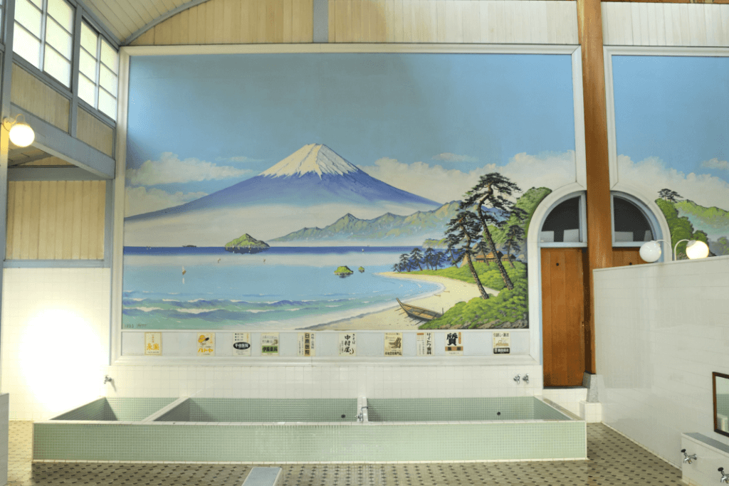 The inside of a Japanese bathhouse.