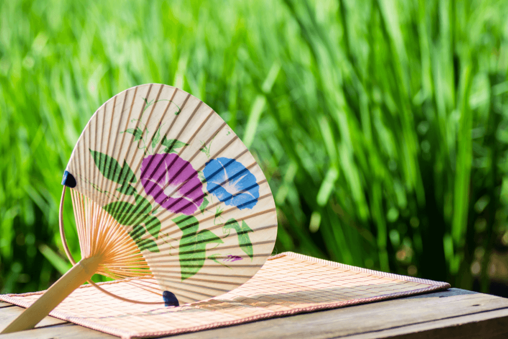 An uchiwa fan amongst the tall summer grass.