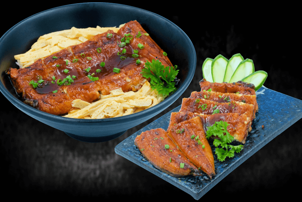 A bowl of unagi donburi, which is grilled ell rice bowl.