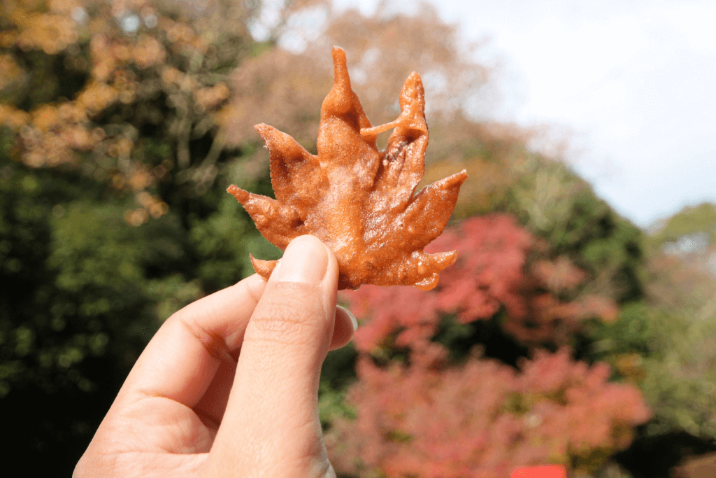 Deep-fried momiji (maple leaves) which are sweet like a Mont Blanc dessert.