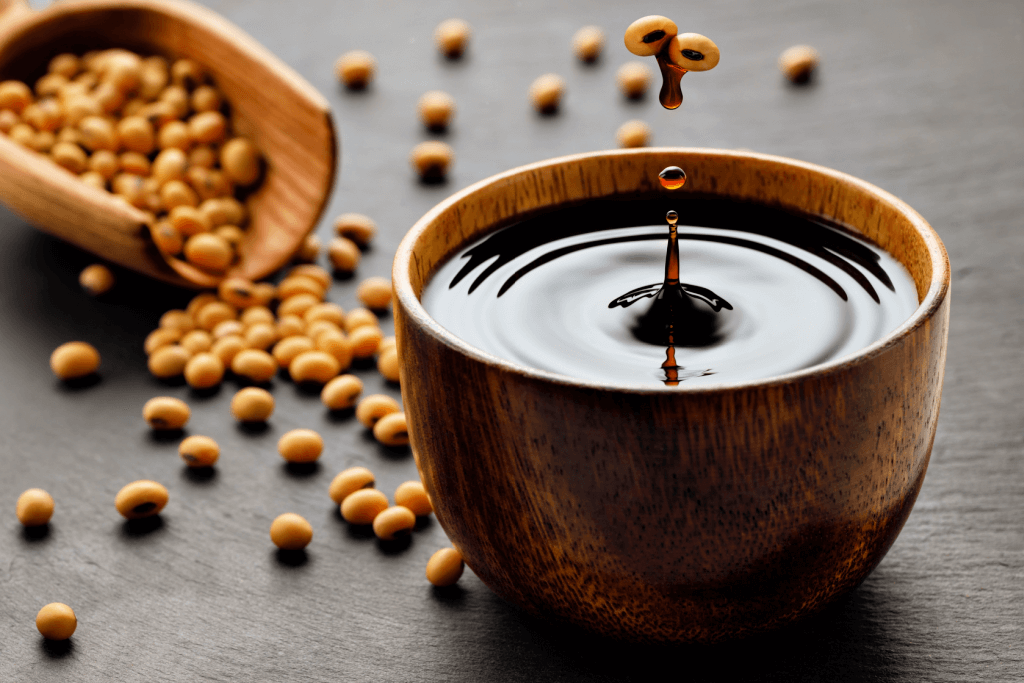 A cup of Japanese soy sauce with soybeans int he background.
