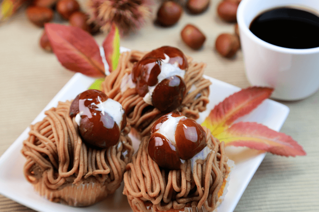 A plate of Mont Blanc dessert, which are strings of chestnut paste.