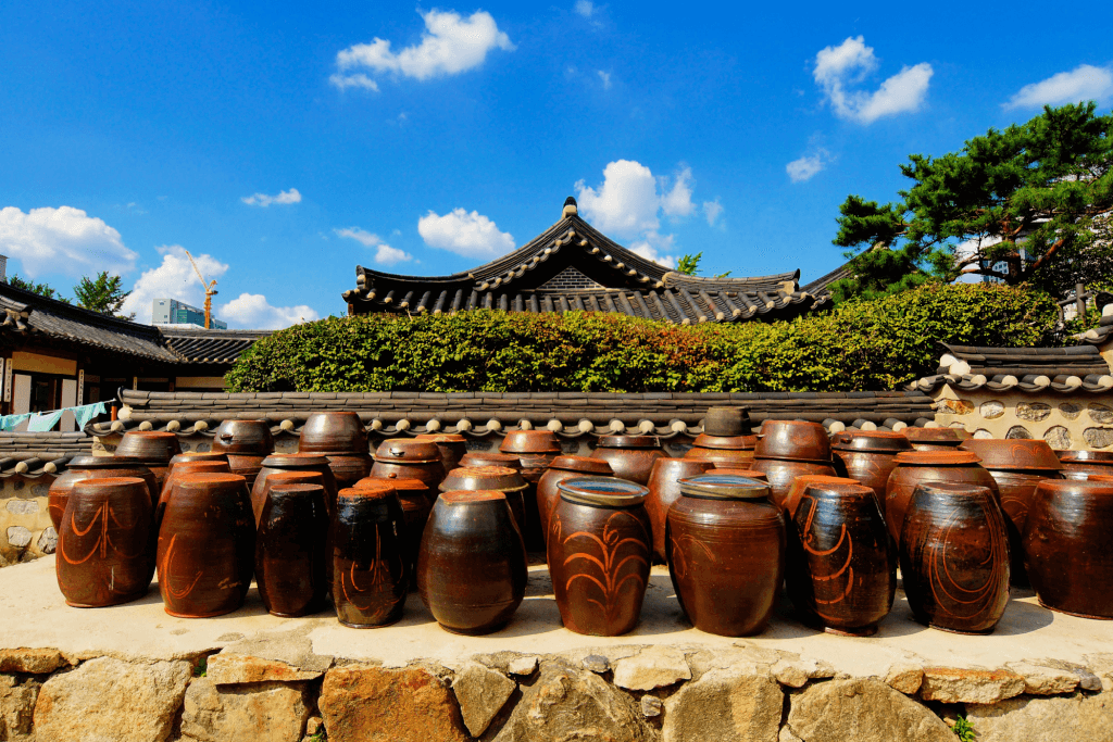Jars of soy sauce outside of a Korean palace.