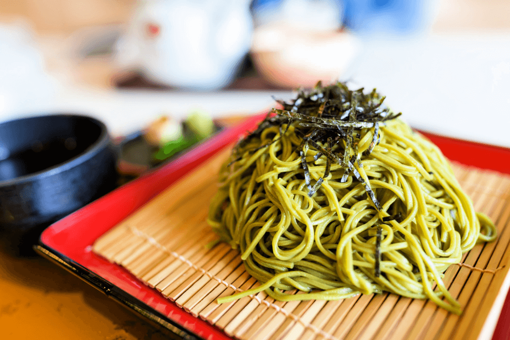 A plate of green tea buckwheat noodles.
