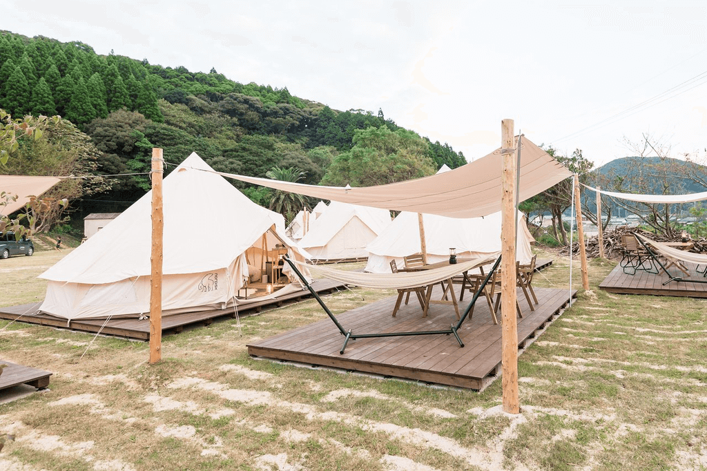 A tent at Nordisk Valley Goto Islands in Nagasaki. It exemplifies what is glamping.