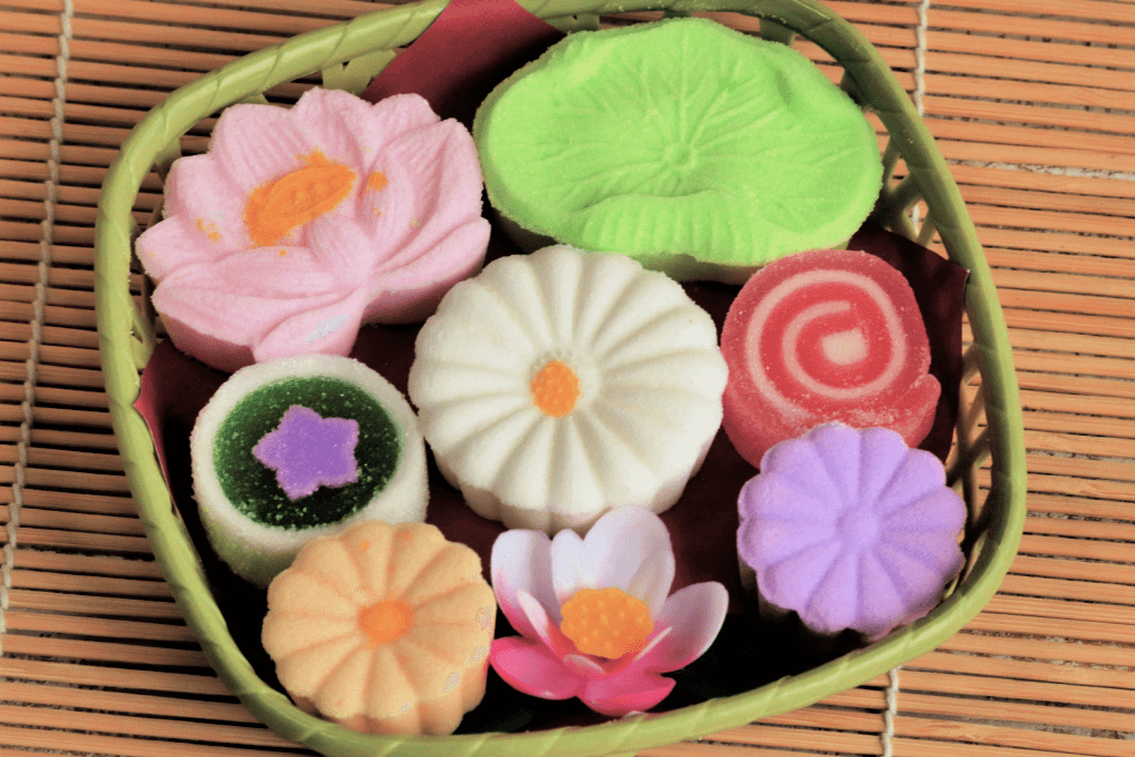 A colorful bowl of rice flour candy.