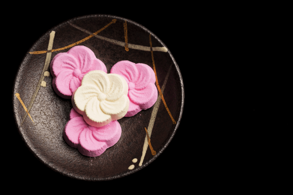 Pink and white rakugan, a type of rice flour candy.