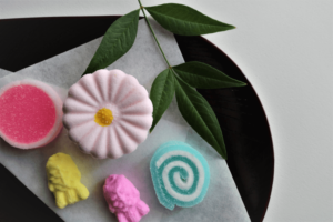 A plate of wasanbon candy, most likely from Kagawa Prefecture.