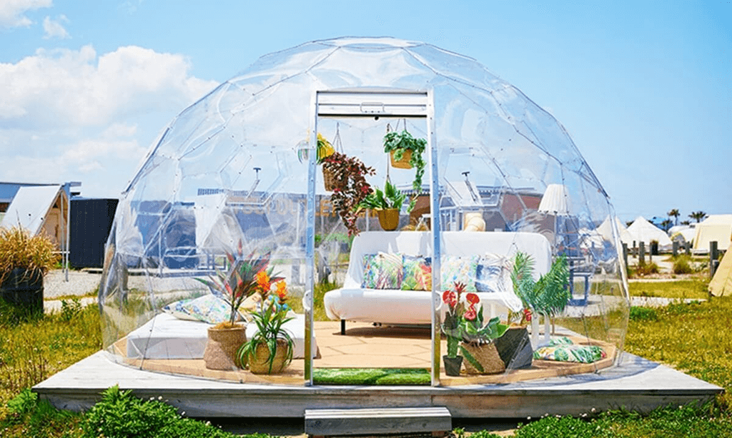 A glamping dome at Wild Beach Seaside Glamping Park in Chiba.