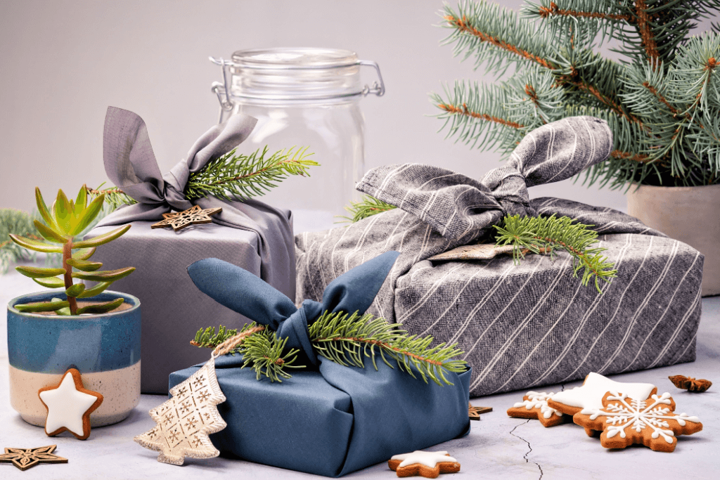 A bunch of authentic Japanese gifts wrapped in furoshiki cloth for the seasonal holidays.